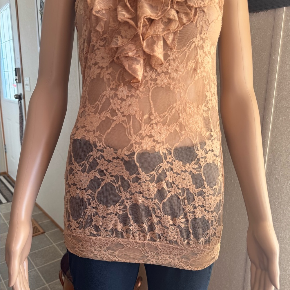 Chic Lace Ruffle Halter Top - Brown - Picture 3 of 14